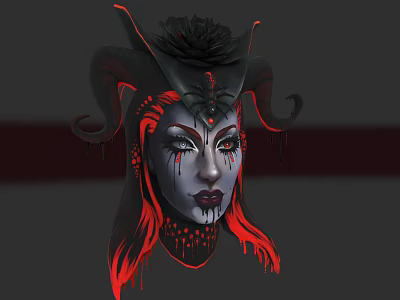 Woman With Black Horns Red Hair And Flower Adorned Black Headdress With Striking Makeup 3d model