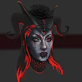 Woman With Black Horns Red Hair And Flower Adorned Black Headdress With Striking Makeup