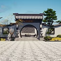 Traditional Chinese Garden Wall with Circular Doorway Carved Lattice Windows Green Plants and Stone Pavement