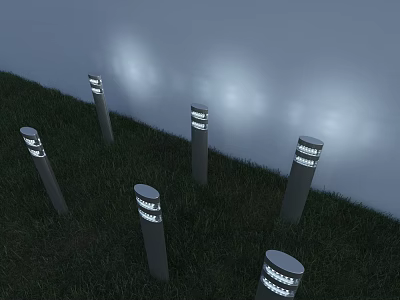 Outdoor Lights On Grass With Gray Lamp Posts And White Lights Illuminating Water Surface 3d model