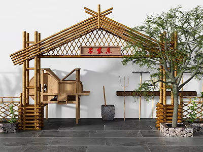 Traditional Bamboo PaiFang Archway With Stone Mortar Farm Tools And Tree 3d model