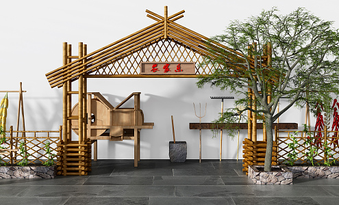 Chinese-style gate farmhouse farm tools gate archway 3d model