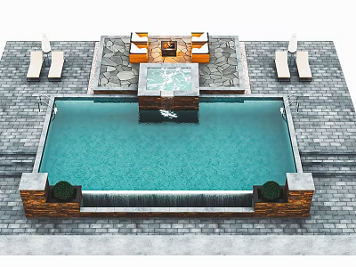 Outdoor Swimming Pool Area With Stone Patio Lounge Chairs Square Fountain And Greenery Decor 3d model