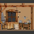 Rustic Kitchen Interior Featuring Wooden Beams Stone Fireplace Hanging Pots And Barrels