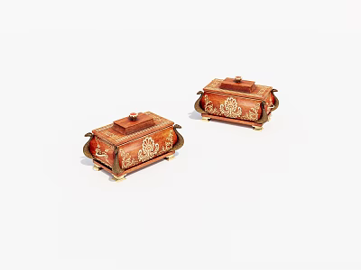 Two Exquisite Wooden Boxes With Intricate Carved Patterns And Golden Accents 3d model