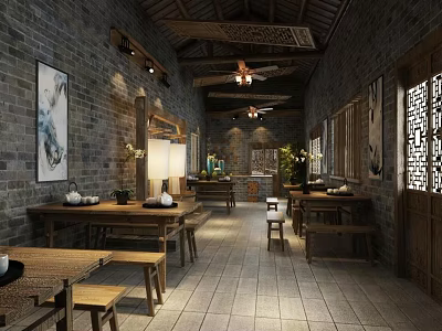 Traditional Chinese Tea House Interior With Brick Walls Wooden Tables And Ink Paintings 3d model