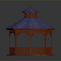 Red Wooden Hexagonal Gazebo With Blue Roof And Decorative Railings