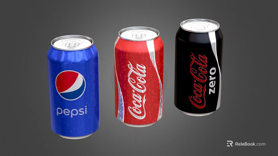 Popular Carbonated Beverage Cans Including Pepsi Coca Cola And Coca Cola Zero 3d model 