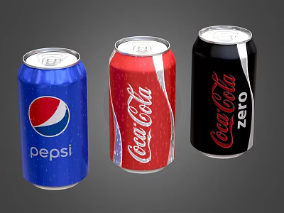 Popular Carbonated Beverage Cans Including Pepsi Coca Cola And Coca Cola Zero 3d model