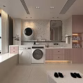 Modern Pastel Pink Bathroom Interior With Integrated Laundry Machines And Terrazzo Wall Decor Design