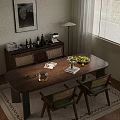 Elegant Wooden Dining Table Set With Chairs Flower Arrangement Glassware Near Window And Floor Lamp