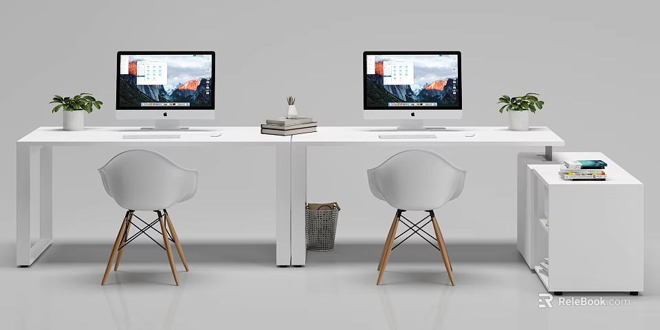 Modern Office Desk with Dual Computer Monitors Ergonomic White Chairs Books Plant and Wastebasket 3d model 