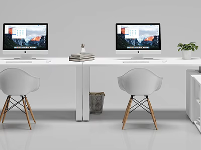 Modern Office Desk with Dual Computer Monitors Ergonomic White Chairs Books Plant and Wastebasket 3d model