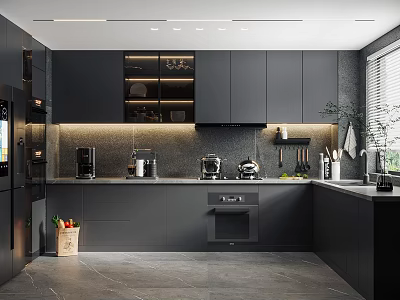 Modern Dark Kitchen Interior Design With Sleek Cabinets Countertop And Appliances 3d model