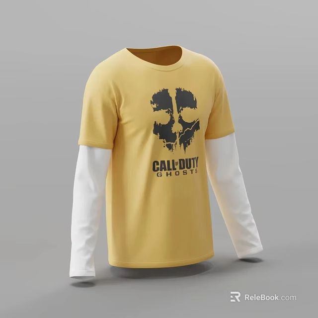 Yellow T shirt with White Long Sleeves Skull Graphic and Call of Duty Ghosts Text 3d model 