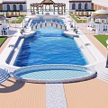 Stunning Landscape With Large Swimming Pool Symmetric Courtyard Classical Pavilions And Columns