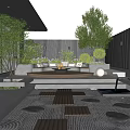 Nighttime Modern Courtyard Garden With Stepping Stones Green Trees And Round Lighting Seating Area