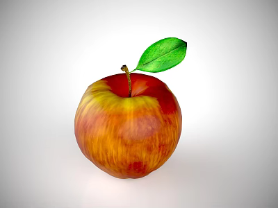 Vibrant red and yellow apple with green leaf on light gray background 3d model