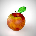 Vibrant red and yellow apple with green leaf on light gray background