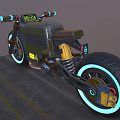 Futuristic Cyberpunk Motorcycle With Neon Wheels Blue Handlebars Yellow Stickers And Copper Exhaust