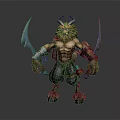 Game Fantasy Warrior Character Horned Muscular Build With Blue Scimitars And Beard