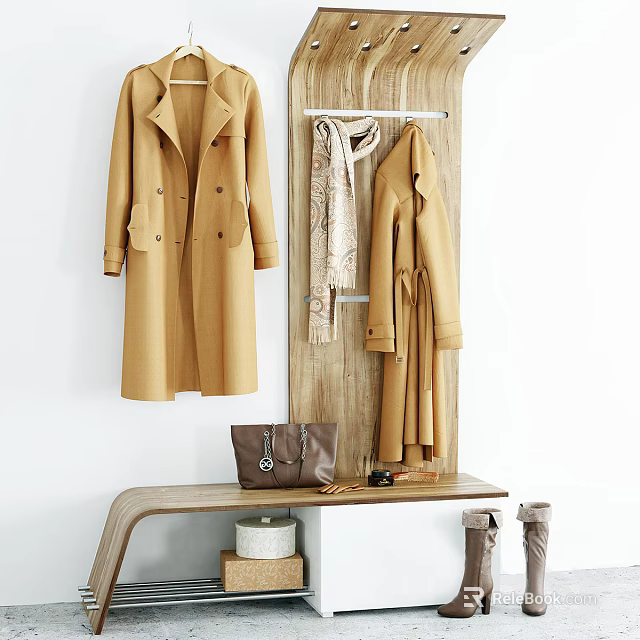 Stylish Coats Hanging On Wooden Hanger With Scarf Bag And Boots On Bench 3d model 