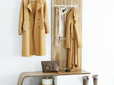 Stylish Coats Hanging On Wooden Hanger With Scarf Bag And Boots On Bench 3d model