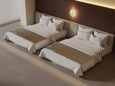 Modern Bedroom with Double Beds Wooden Headboard Round Wall Lamp White Bedding and Beige Blanket 3d model