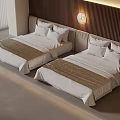 Modern Bedroom with Double Beds Wooden Headboard Round Wall Lamp White Bedding and Beige Blanket
