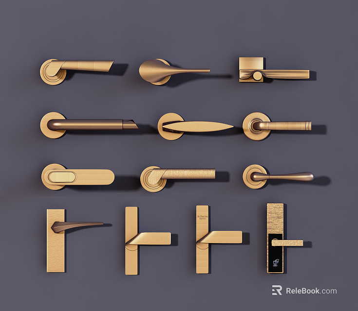 Golden Interior Door Handles With Various Modern Designs And Different Styles 3d model 