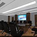Modern Conference Room Interior With Long Table Black Chairs Large Screens And Wooden Walls