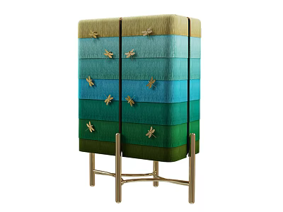 Colorful Gradient Design Console Cabinet With Drawers Dragonfly Handles And Golden Metal Legs 3d model
