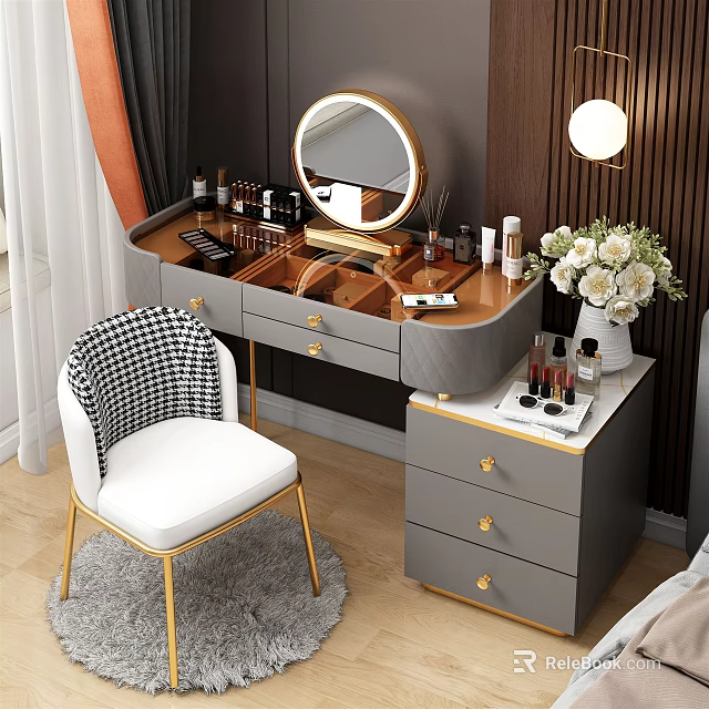 Gray Dressing Table With Golden Handles Round Mirror Cosmetics Side Cabinet And Checkered Chair 3d model 