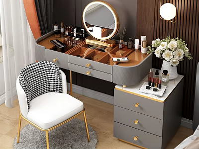 Gray Dressing Table With Golden Handles Round Mirror Cosmetics Side Cabinet And Checkered Chair 3d model