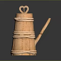 Traditional Wooden Container With Woven Rattan Bands Heart Shaped Handle And Wooden Spout