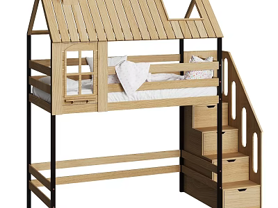Wooden Kids Bed with House Shaped Roof Staircase Storage Drawers and Black Frame 3d model
