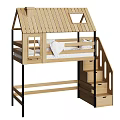 Wooden Kids Bed with House Shaped Roof Staircase Storage Drawers and Black Frame
