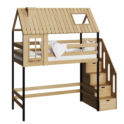 Wooden Kids Bed with House Shaped Roof Staircase Storage Drawers and Black Frame 3d model