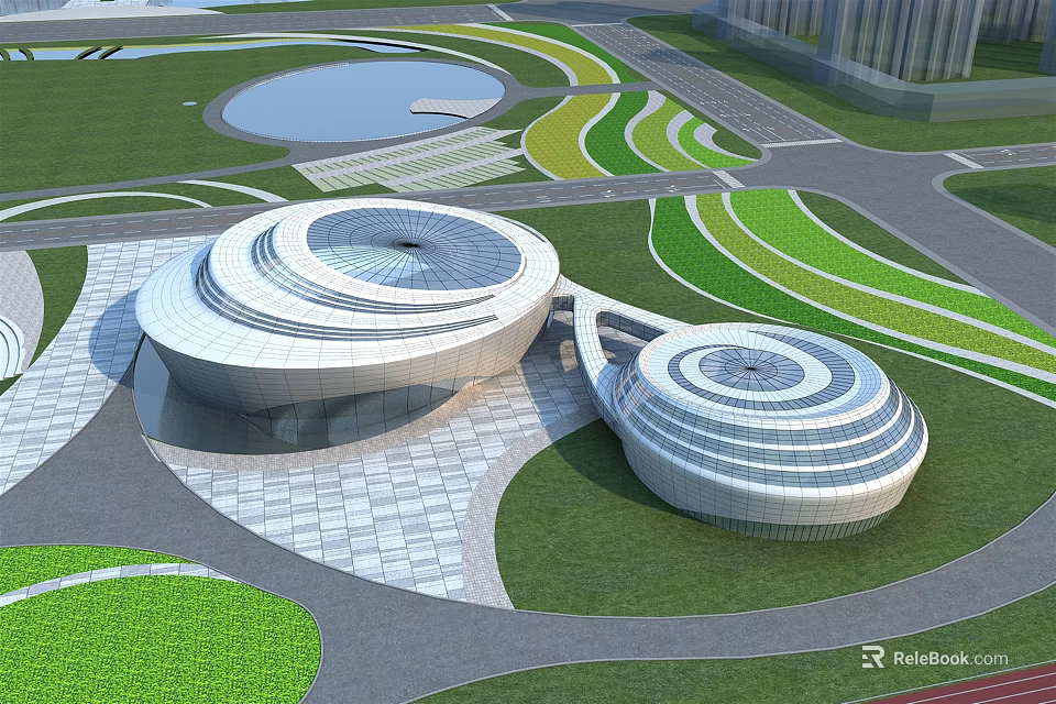 Modern Circular Architectural Complex With Green Lawns Water Pool And Curved Pathways 3d model