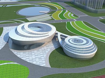 Modern Circular Architectural Complex With Green Lawns Water Pool And Curved Pathways 3d model