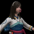 Traditional Blue And White Outfit Female Character With Ribbon Belt And Leg Wraps
