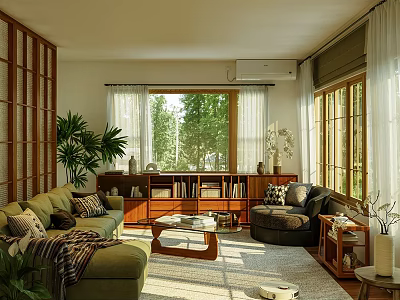 Cozy Living Room Interior With Green Sofa Brown Coffee Table Plants And Sunlight Through Windows 3d model