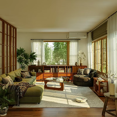 Cozy Living Room Interior With Green Sofa Brown Coffee Table Plants And Sunlight Through Windows 3d model