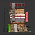 Cute Cartoon Scene Featuring Small Building Red Sign Colorful Stripes Pink Awning and Green Door