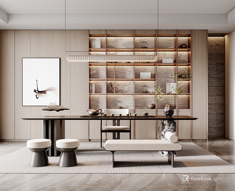 Modern Tea Room Interior Design With Wooden Shelves Tea Sets Pendant Lights And Decorative Art 3d model 