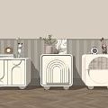 Modern Cream Bedside Tables With Wheels Decorative Items And Herringbone Floor 3d model