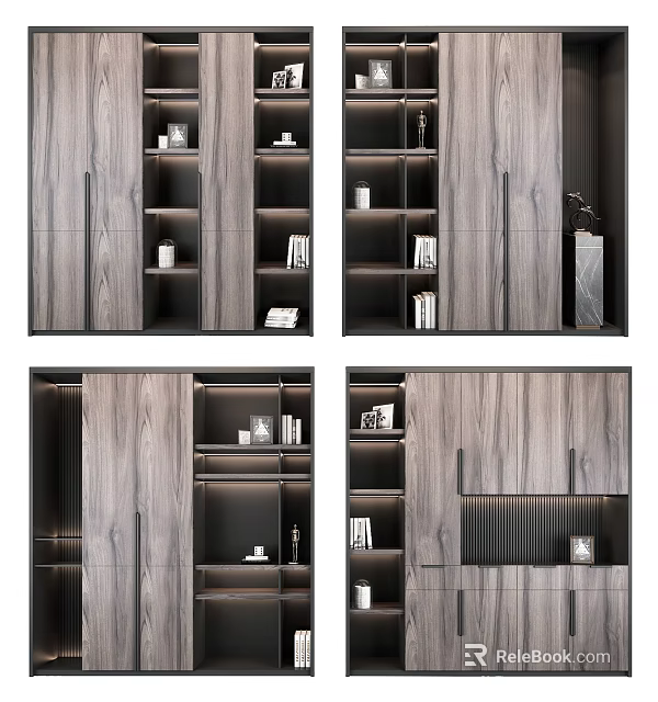 Modern Wooden Bookcase Interior Design With Multilayer Shelves Storage And Decorative Elements 3d model 