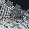 Cartoon City Scene With Green Rooftop Buildings Tall Skyscrapers And Trees