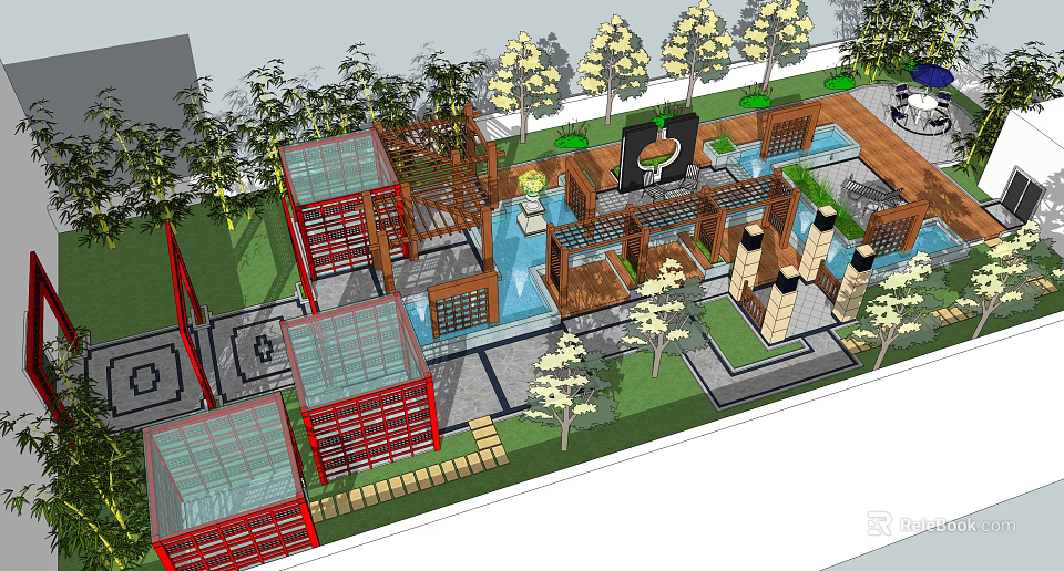 Garden Landscape Design Featuring Trees Water Features Wooden Platforms And Pathways 3d model 