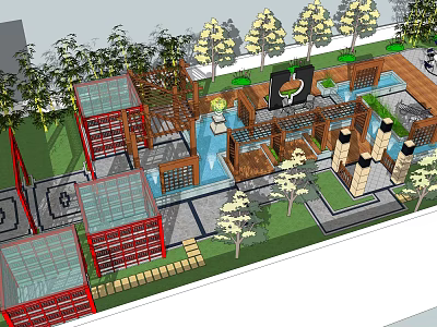 Garden Landscape Design Featuring Trees Water Features Wooden Platforms And Pathways 3d model